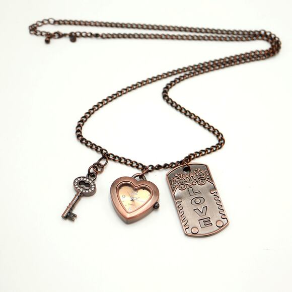 Decree Womens Bronze Tone Key Dog Tag Love Heart Pendant Watch w New Battery - Picture 1 of 7